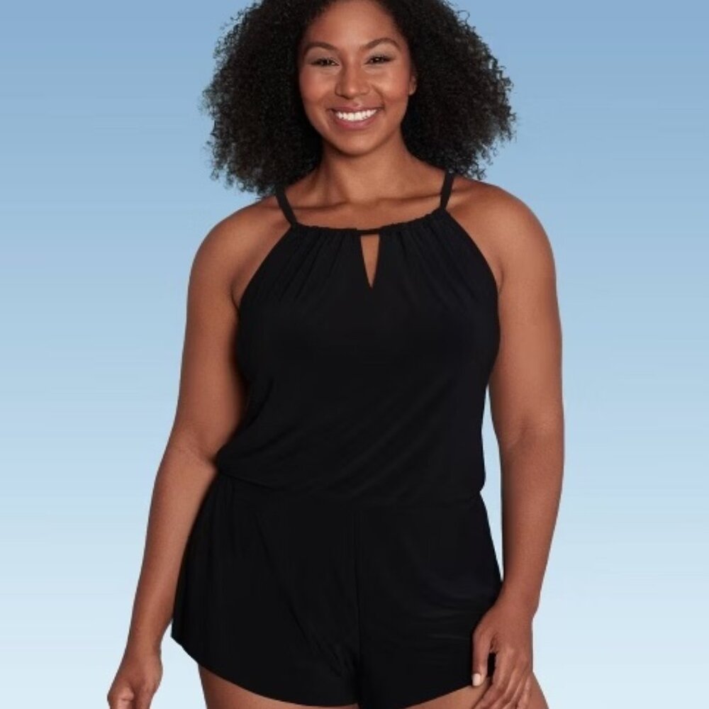 Aqua Green Women's Black UPF 50 High Neck Swim Romper Swimsuit, Small